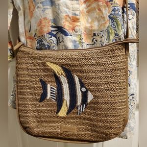 Vera Bradley Angel Fish Woven Straw Crossbody Warm Stone Light Brown Handbag